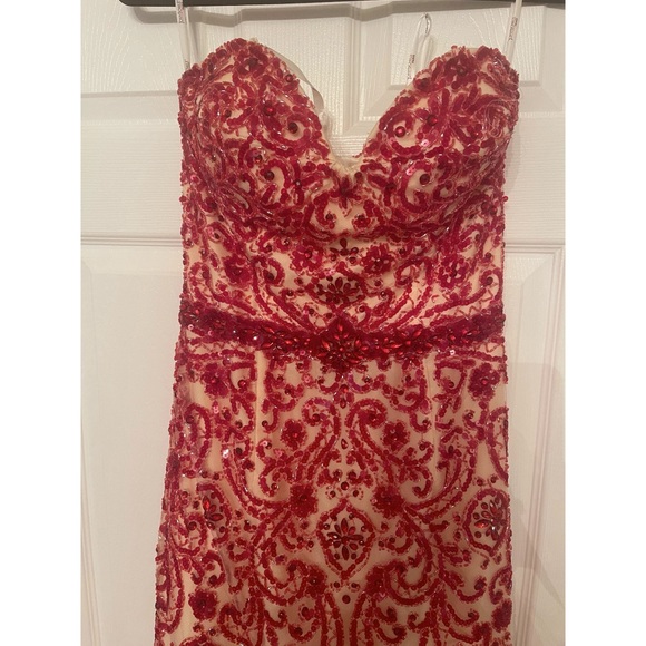 Tony Bowls Nude Prom Mermaid Gown With Red Beading (size 4) - Picture 11 of 12